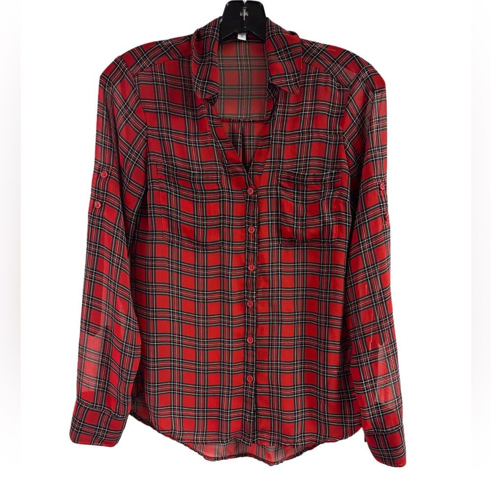 Express Portofino Red Plaid Sheer Roll Tab Sleeve Top Size XS